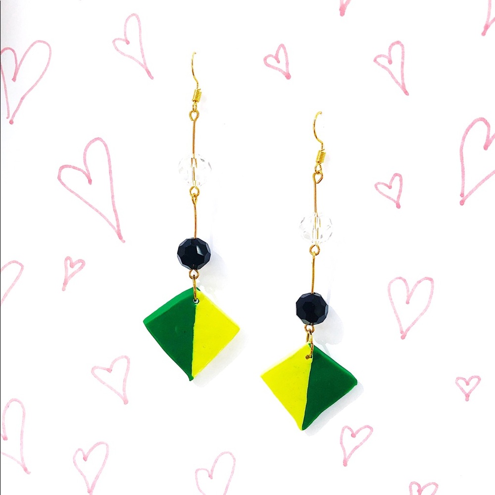 Handmade Dangle Earrings Gold, Green and Yellow